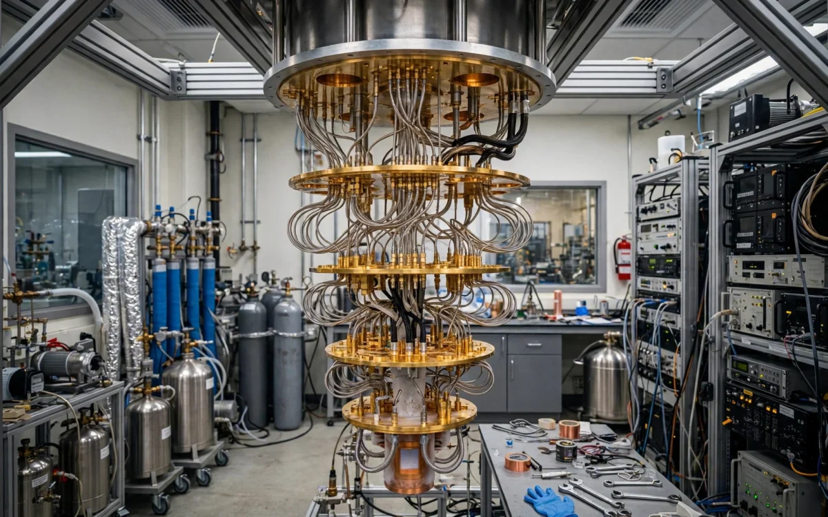 Brass dilution refrigerator equipment inside a quantum technology research laboratory