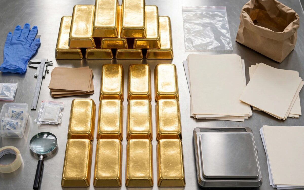 Gold bars sealed in evidence bags on an inspection table