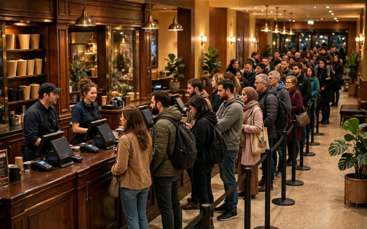 Movie theatre ticket counter with long queue of moviegoers