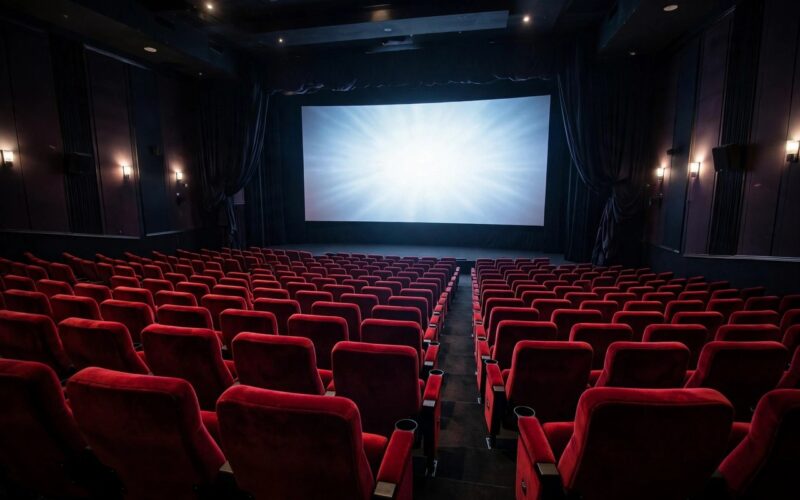 A cinema theatre interior with red seats and a glowing screen