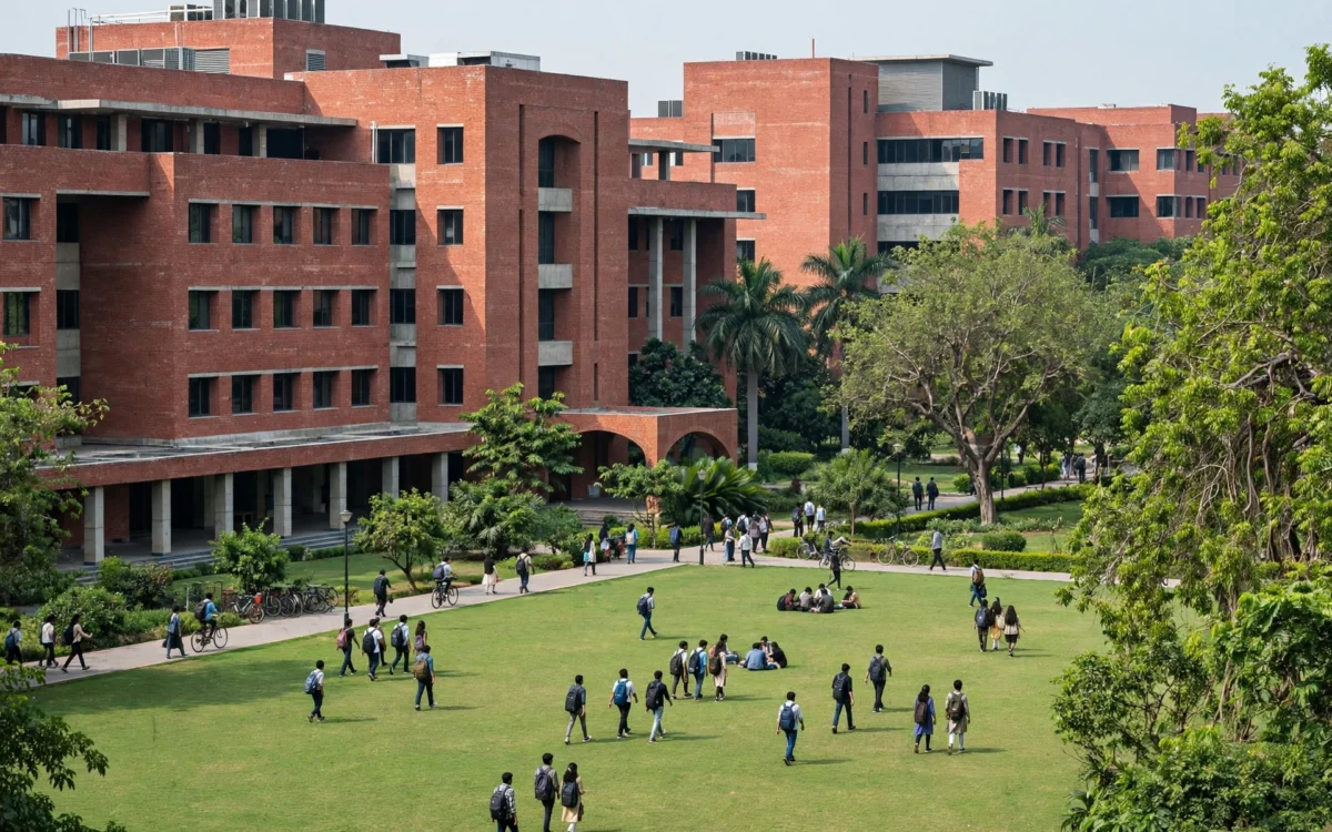 A modern Indian institute of technology campus with red-brick academic buildings and students on green lawns.