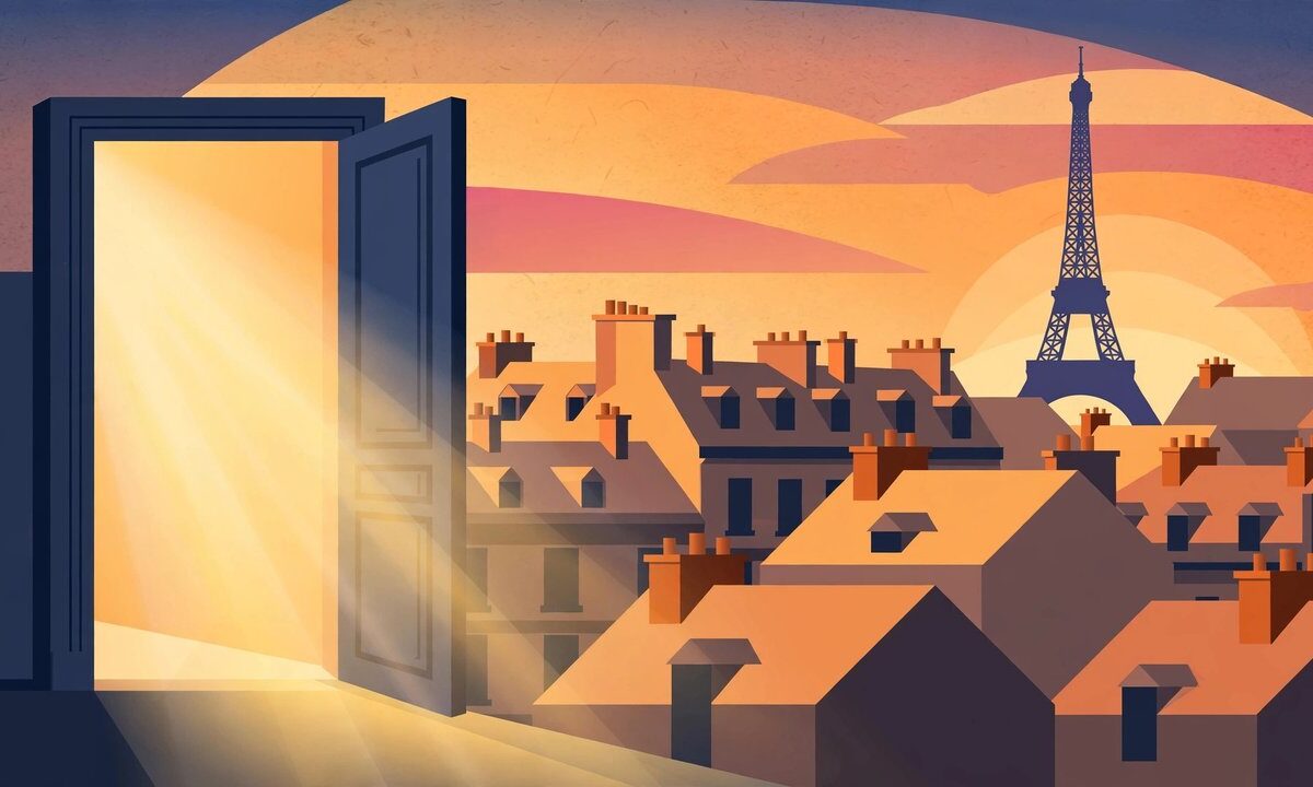 Editorial illustration of the Eiffel Tower silhouette at sunset with a changing leadership motif