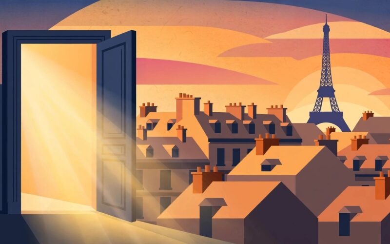 Editorial illustration of the Eiffel Tower silhouette at sunset with a changing leadership motif