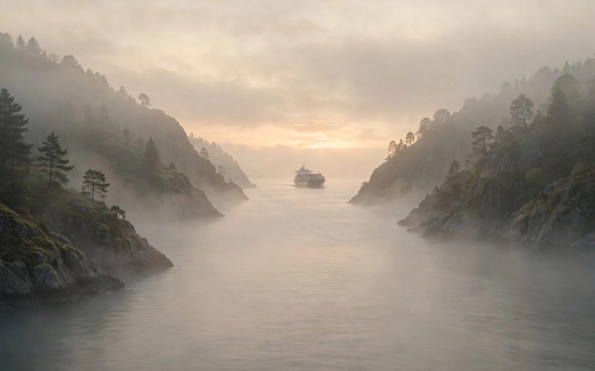 A distant cargo ship sailing through a strait at dawn