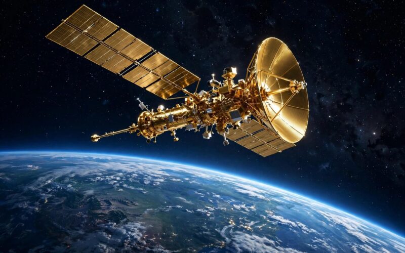 Spacecraft flying past Earth with blue glow