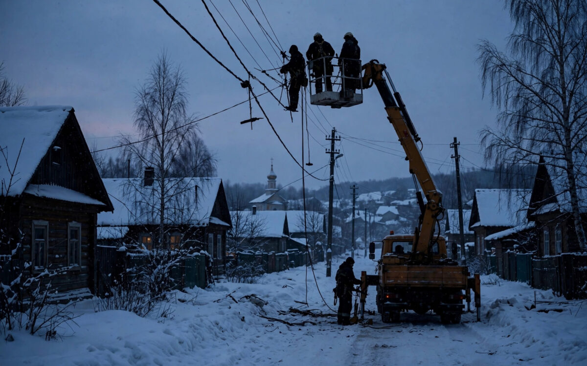 Silhouetted utility workers repair damaged power lines on a snow-covered Ukrainian village street at dusk.