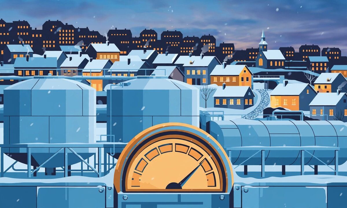 Editorial illustration of European homes in winter with a gas storage gauge