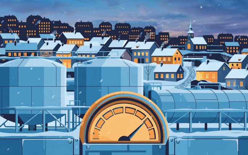 Editorial illustration of European homes in winter with a gas storage gauge