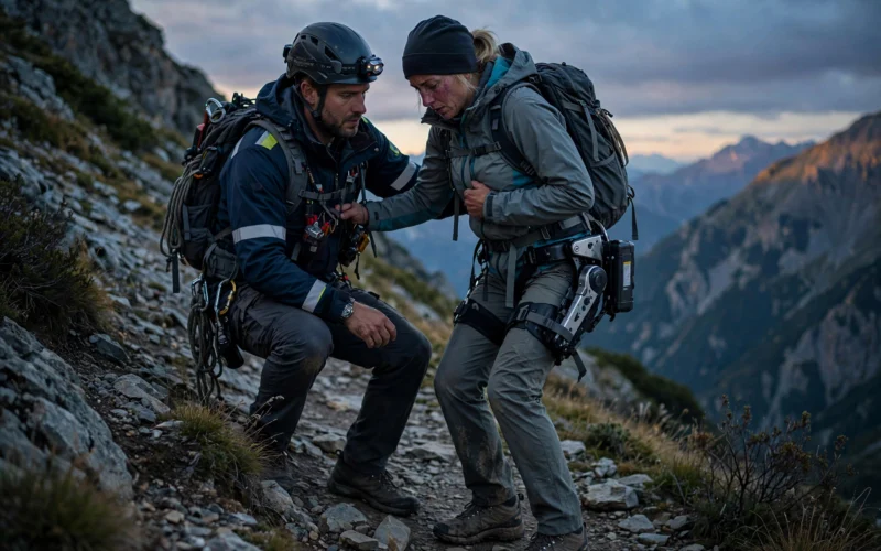 A rescuer helps a hiker wearing a hip exoskeleton device on a mountain trail at dusk.