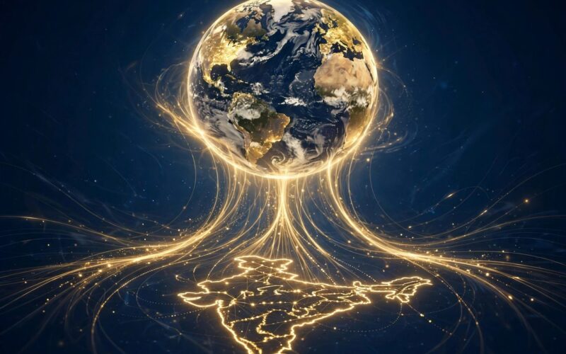 Globe with investment arrows flowing into India