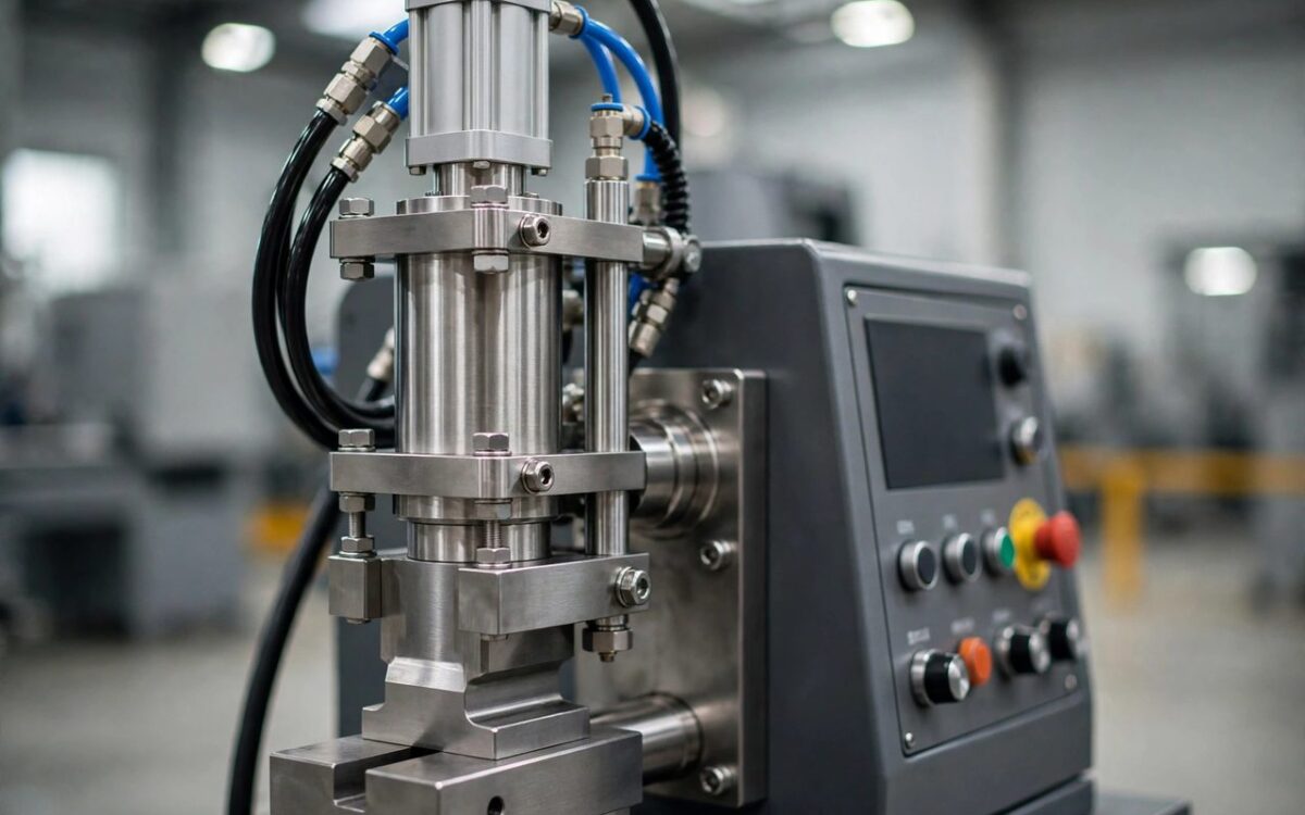 Industrial ultrasonic welding equipment in a factory