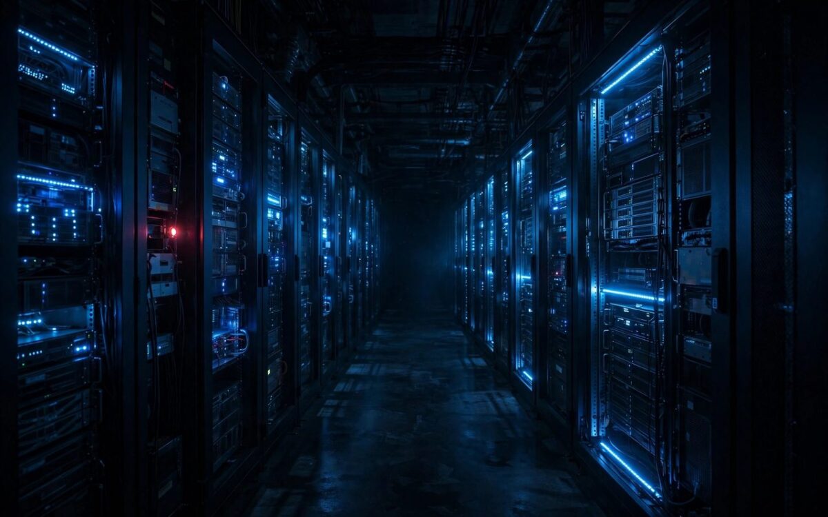 Server room with glowing racks illustrating AI safety concerns