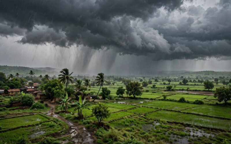 Monsoon rain clouds over an Indian landscape