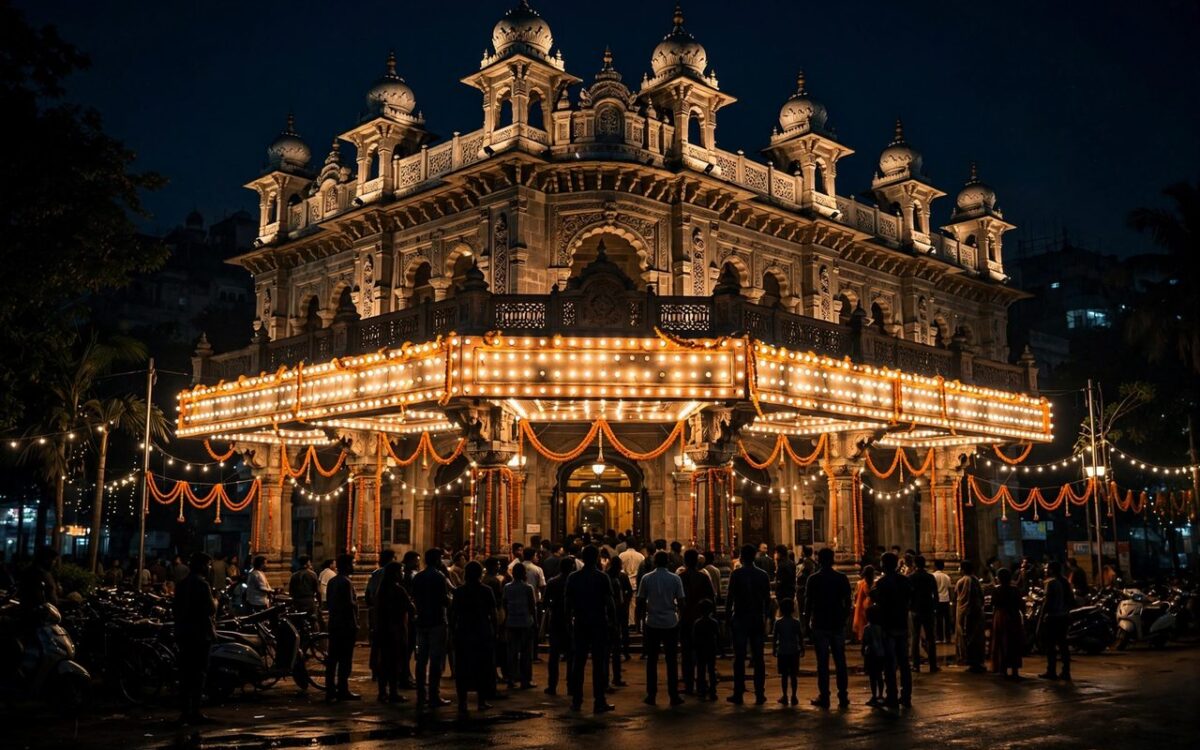 Cinema hall at night with lights