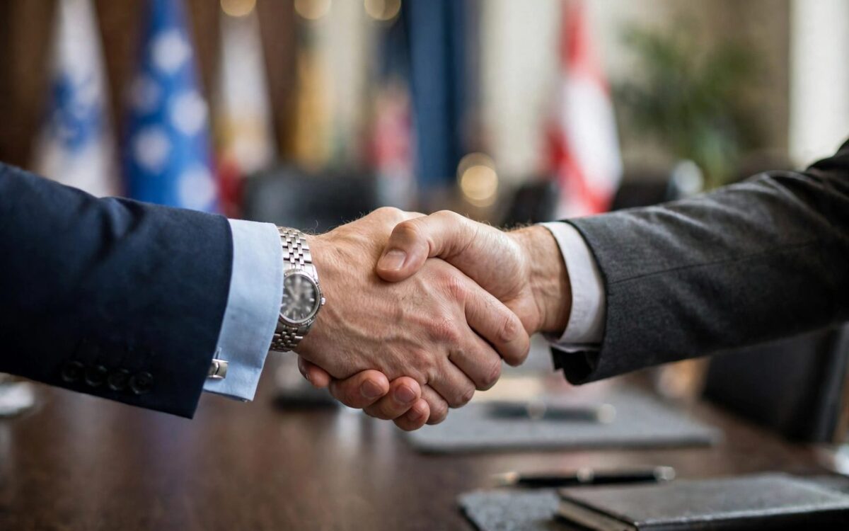 Handshake over a conference table