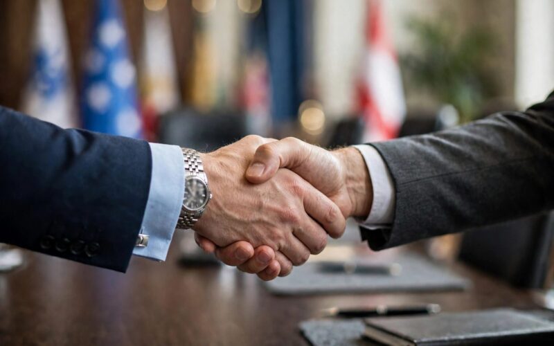 Handshake over a conference table