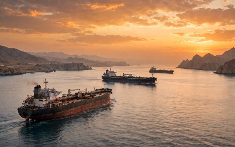 Oil tankers in the Strait of Hormuz at sunset