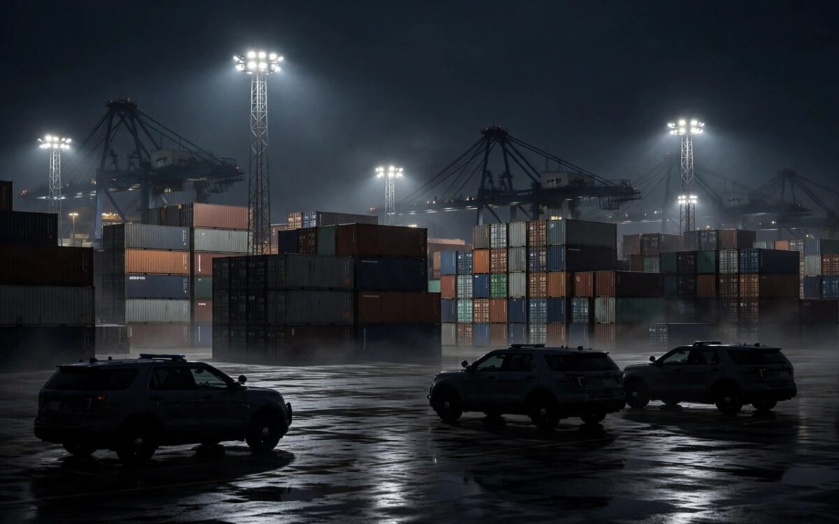 Cargo port at night under floodlights with shipping containers