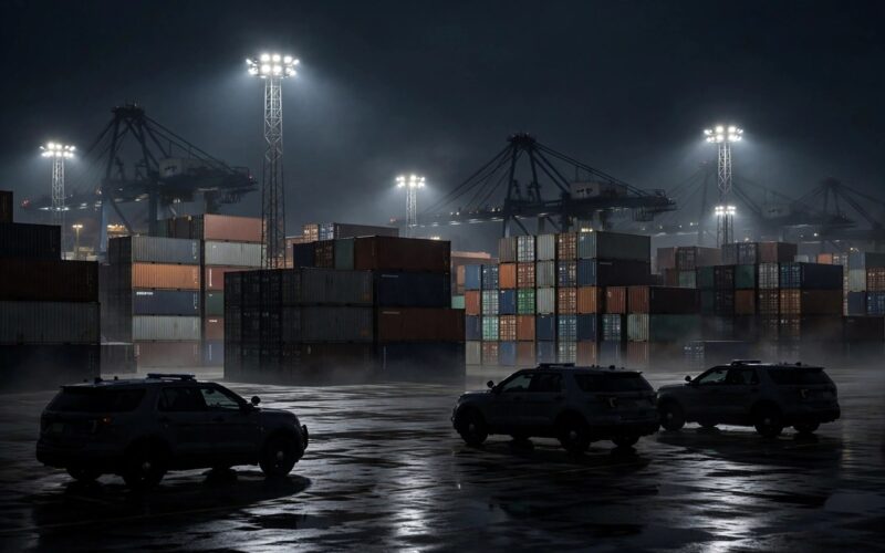 Cargo port at night under floodlights with shipping containers