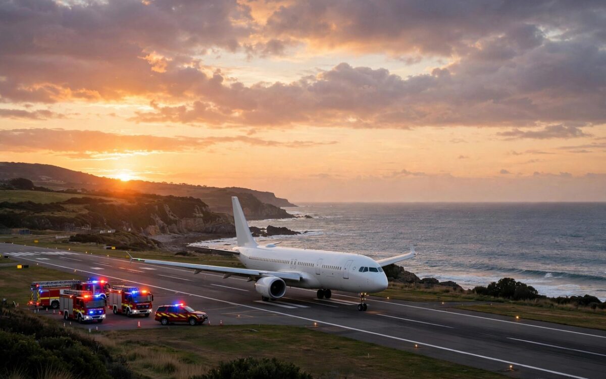 Airliner landing at a coastal airport at sunset with emergency vehicles near the runway