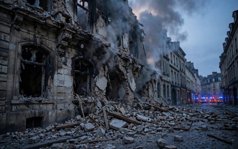 Smoke rising from a damaged historic stone building in Kyiv at dusk