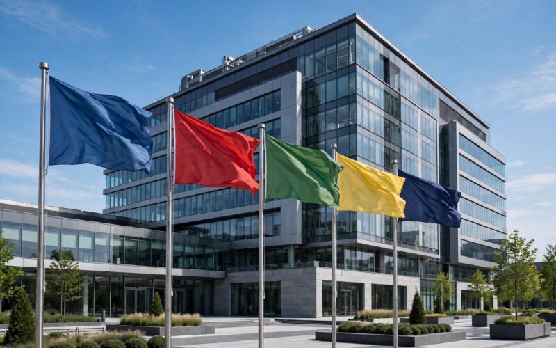 Flags flying in front of a modern glass headquarters building under a blue sky