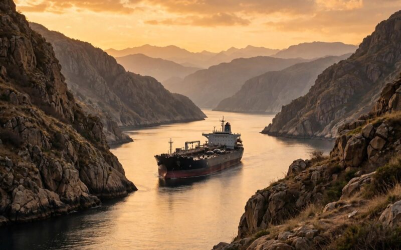 Oil tanker sailing between rocky cliffs at golden hour