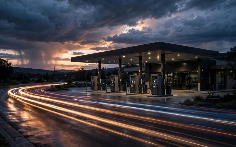 Petrol station fuel pumps at dusk under a dramatic sky