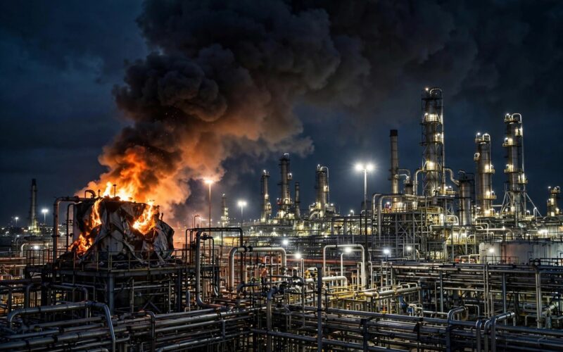 Oil refinery at night with smoke rising from a damaged unit