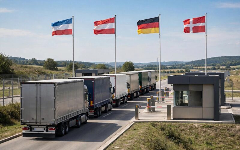 Lorries waiting at a border crossing with customs booths in daylight