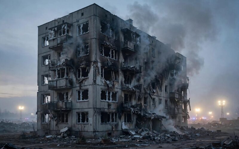 Damaged residential apartment block at dawn with broken windows and smoke