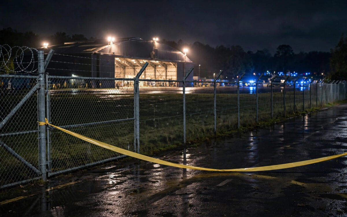 A floodlit airbase hangar at night behind a security cordon, after a counter-terror operation.
