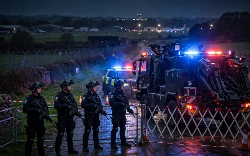 Armed police cordon outside RAF Fairford airbase at night