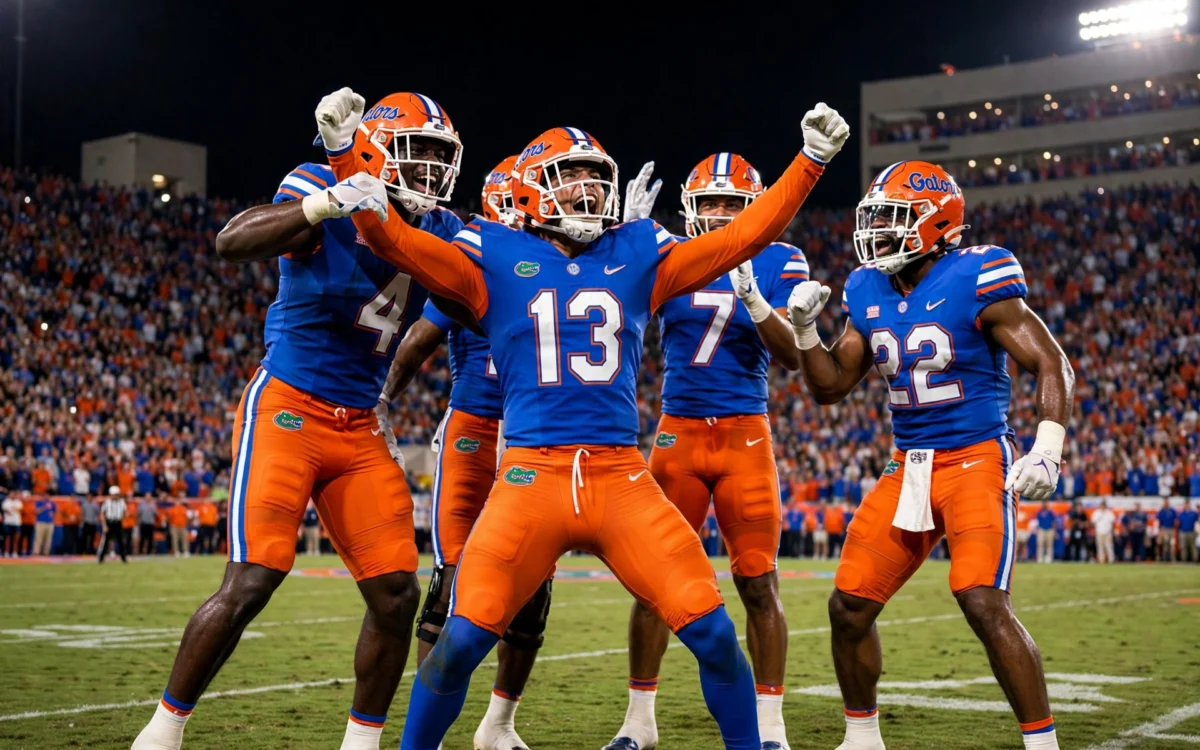 Florida Gators football players celebrating a touchdown at Ben Hill Griffin Stadium