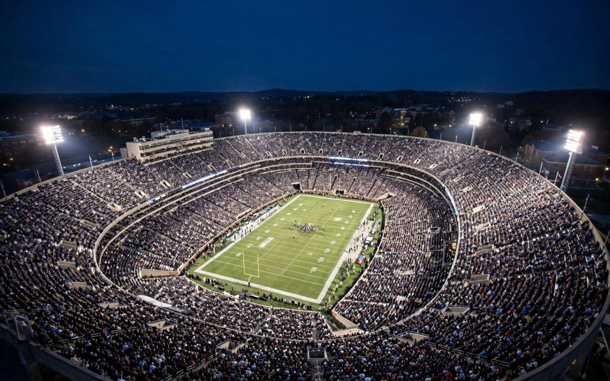 A packed college football stadium with fans during a night game