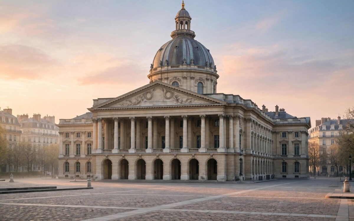 The dome and columns of the French Senate palace in Paris at sunrise