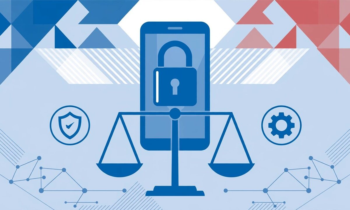 Editorial illustration of a smartphone with parental controls and a French flag motif