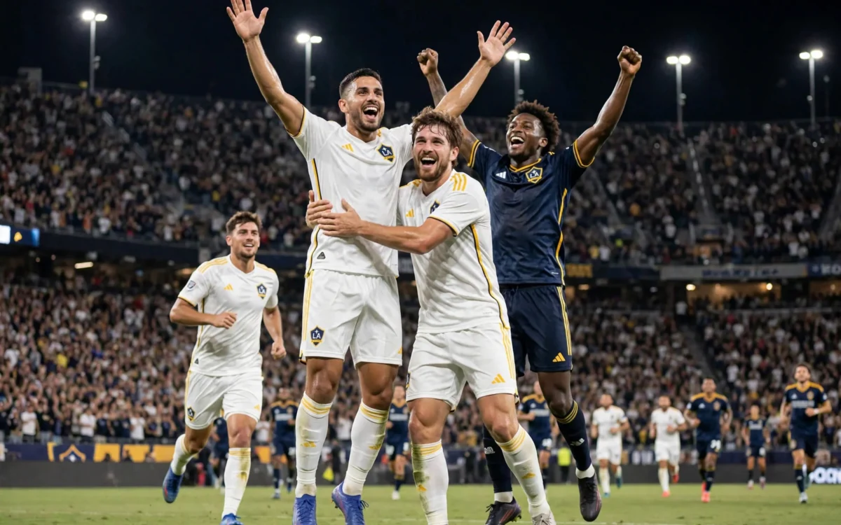 LA Galaxy players celebrating a goal during an MLS night match