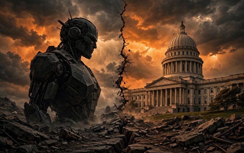 A split scene of a capitol dome and a robot silhouette under a stormy sky