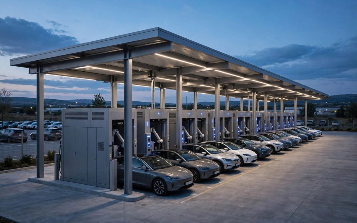 Rows of electric vehicles parked at a battery-swapping station at dusk