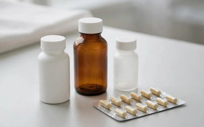 Medicine bottles and a stethoscope arranged on a plain clinical desk in soft light