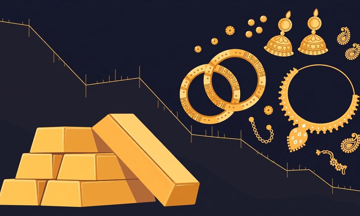 Editorial illustration of gold bars and jewellery with a falling price chart