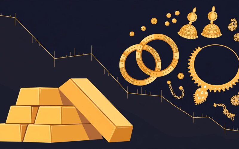 Editorial illustration of gold bars and jewellery with a falling price chart