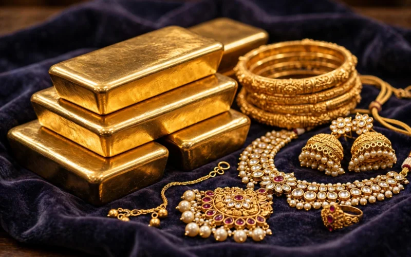 Gold bars and jewellery in an Indian jewellery shop
