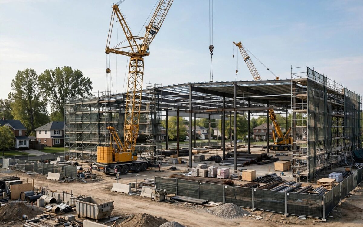 Construction site of a large industrial building on a suburban street.