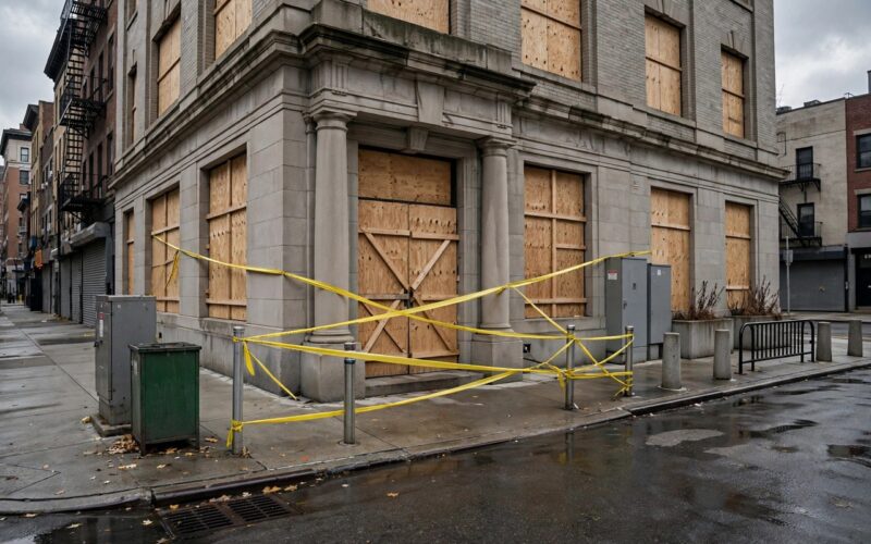 Police barricade tape around a sealed public building entrance on an urban street