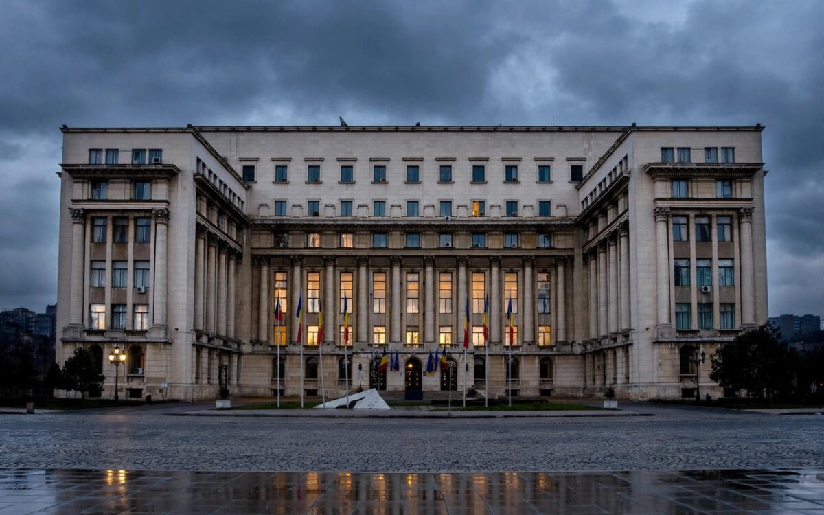 The Romanian government palace in Bucharest seen at twilight
