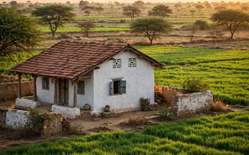 A traditional Gujarat village home at golden hour, illustrating the state's new rural homestay policy.
