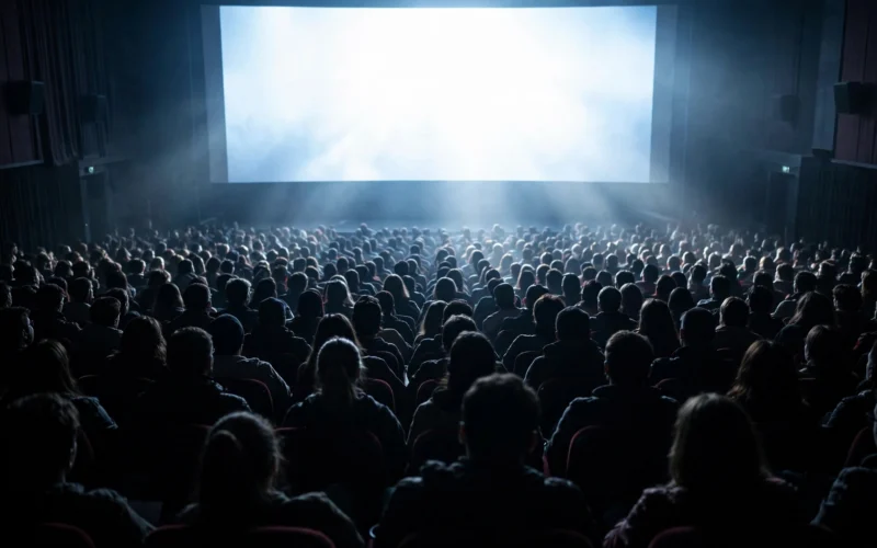 Crowded cinema hall audience watching a film