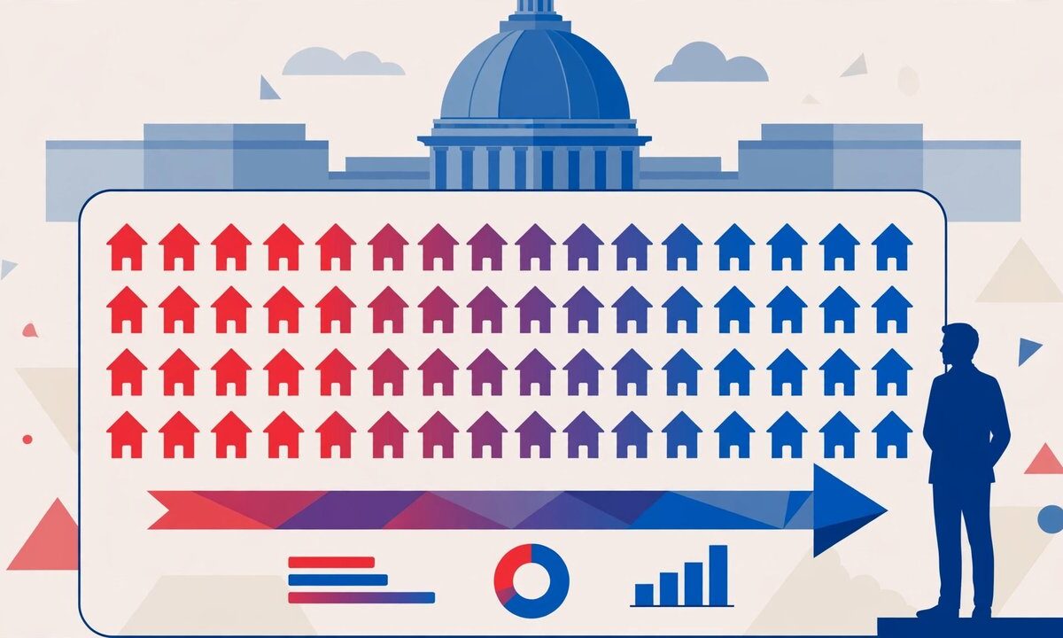 Editorial illustration of US House seats shifting on an election forecast board